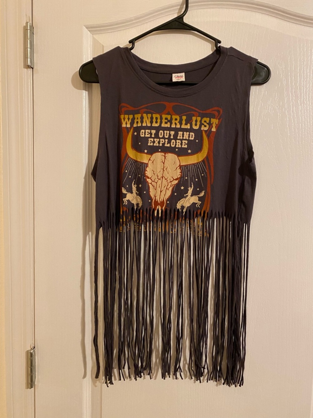 Western Fringe Tank Top Rodeo Cowboy Cowgirl Horse Wanderlust Skull Horns L